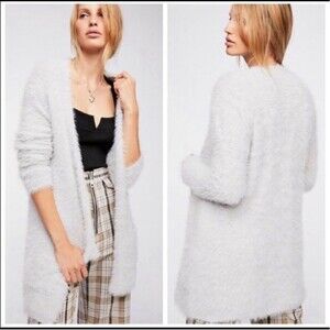Free People Silver Cloud Faux Fur Open Cardigan L Patch Pockets